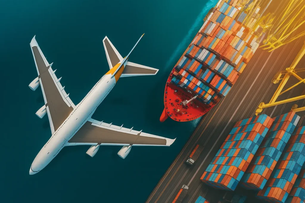 Vue aérienne d’un avion survolant un port avec un navire cargo en chargement

